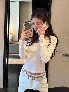 女款U領修身顯瘦長袖打底T恤，2026年秋季新款 - 白色 - 查看 1