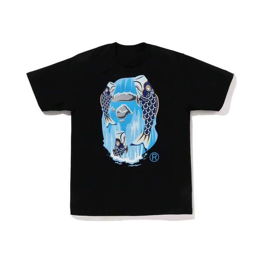Unisex Oversized Round-Neck Short-Sleeve Shirt With Ukiyo-E Koi Fish, Waterfall, And Rock Mountain Pattern T Shirt - 黑色 - 查看 1