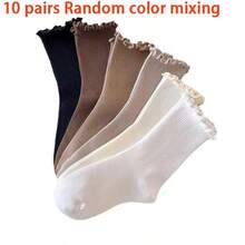 1/3/5/6/8/10/20 Pairs Women's Solid Color Ruffle Edge Minimalist Fashion Versatile Comfortable Soft Socks, Suitable For Daily Wear, With Ruffle Edge, Suitable For Spring, Autumn, Winter, Beautiful Charming Cute, Suitable As Gifts For Students And Friends - Multicolor - View 19