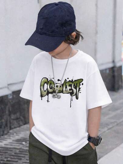 Boys' Graffiti COOLEST Letter-Print Short-Sleeve Tee With Green-Filled Letters, Black Dripping Paint Effect