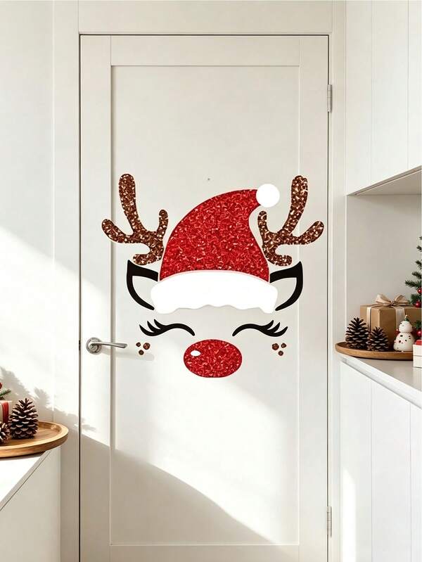 7pcs /Set Of Christmas Felt Door Stickers, Christmas Hats And Reindeer Door Stickers, DIY Christmas Non-Woven Fabric Craft Door Stickers, Suitable For Winter Christmas Office Walls, Refrigerators, Indoor Home Windows, Party Decorations And Gifts
