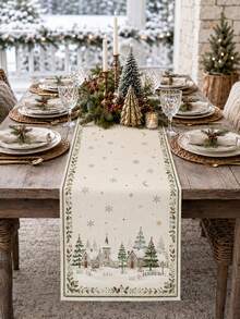 1pc Cream Winter Village Christmas Table Runner, Vintage Linen Rectangular Snow House Pine Tree Snowflake Star Moon Holly Berry Print Tablecloth, Suitable For Dining Table, Kitchen, Buffet, Christmas Dinner, Holiday Party And Winter Home Decor - Multicolor - View 1