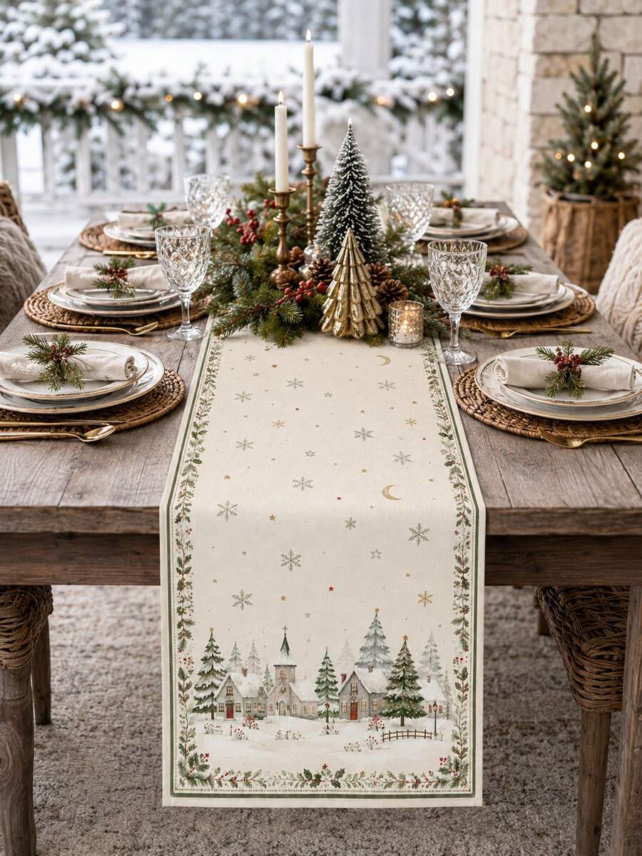 1pc Cream Winter Village Christmas Table Runner, Vintage Linen Rectangular Snow House Pine Tree Snowflake Star Moon Holly Berry Print Tablecloth, Suitable For Dining Table, Kitchen, Buffet, Christmas Dinner, Holiday Party And Winter Home Decor - Multicolor - View 1