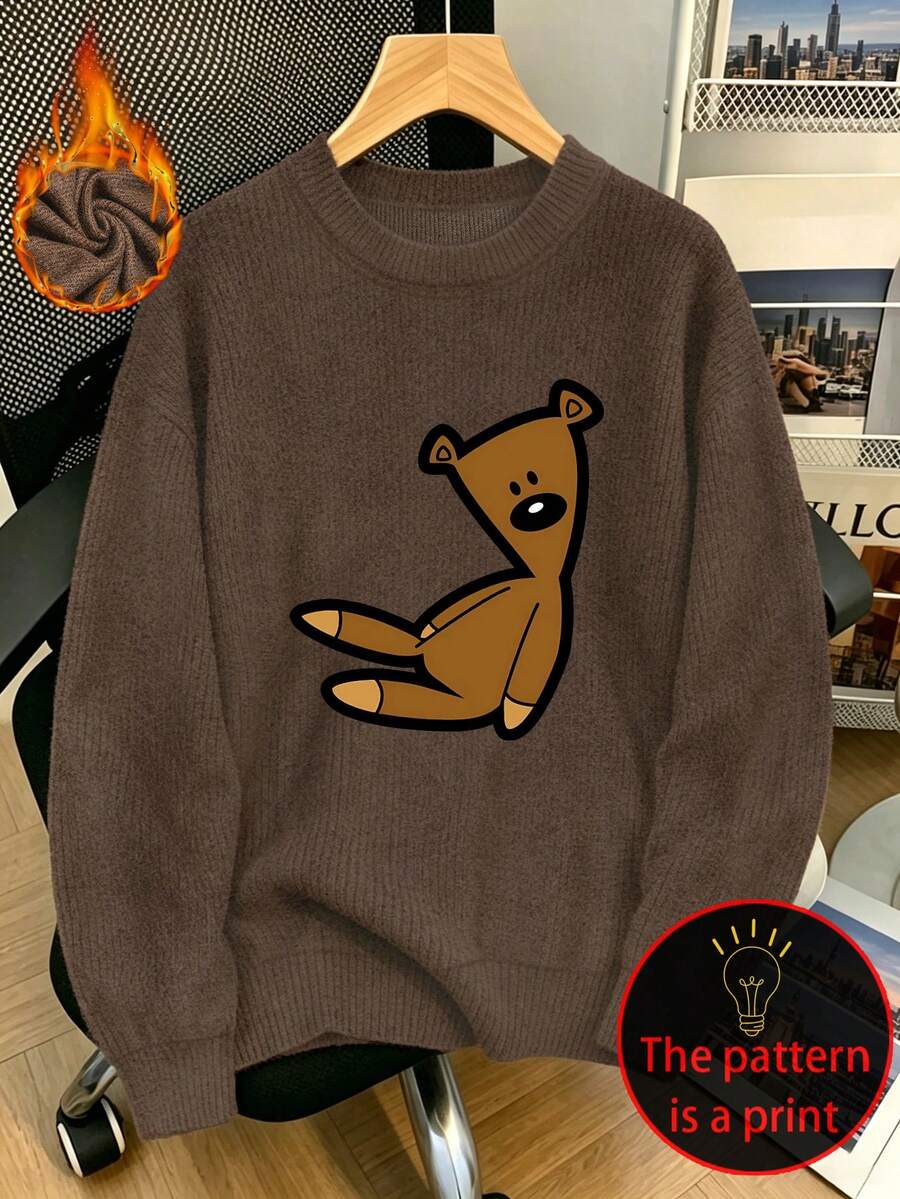 Women's Plus Size Casual Top, Faux Knit Style, Cute Bear Pattern, Round Neck Long Sleeve, Suitable For Autumn/Winter Wear - Brown - View 1