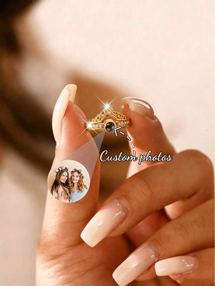 Nhẫn chiếu hình cá nhân hóa, nhẫn đính hôn khắc ảnh dành cho nam và nữ, 2 chiếc hình trái tim có thể điều chỉnh kích thước, quà tặng ngày Valentine và Giáng sinh.