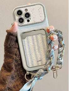 Blue Striped Floral 17/16 Phone Case Compatible With Apple 15/14 Pro Max Card Holder Card Slot 13 Leather Fresh Style 3D Flower Chain Lanyard New INS - Multicolor - View 7