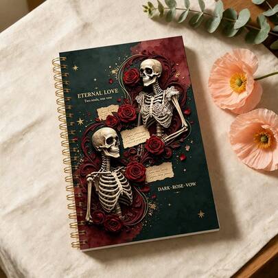 1pc Gothic Couple Skeleton Red Rose Theme Notebook A5 (5.5x8.3 Inches) Dark Tone Vintage Embossed Illustration Design High Quality Thick Writing Pages Gold Spiral Binding Sturdy And Durable For Daily Recording Niche Dark Romantic Style Creative Gift Spiral Notebook Dark Vintage Romantic Style Embracing Skeleton Red Rose Vintage Journal Starlight English Slogan Elements Planner Notebook