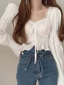 Women's White Short V-Neck Ruffle Long Sleeve Blouse With Knot And Pleated Details - White - View 2