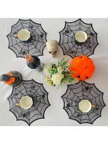 1pc Halloween Black Lace Spider Web Round Placemat, Polyester Knitted Waterproof Table Mat, Perfect For Spider Theme Western Dining, Heat-Resistant Non-Slip Table Mat, Restaurant Kitchen Home Dining Table Decor, Halloween Ghost Party Gathering Dinner Table Arrangement, Fireplace Decor, Holiday Photography Props, Holiday Gift - Multi-color - View 3
