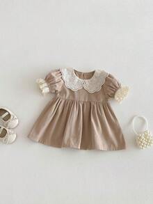Miniweenns 1pc Baby Girl Academy Style Hollow Peter Pan Collar Puff Short Sleeve Loose Fit Dress - Khaki - View 7
