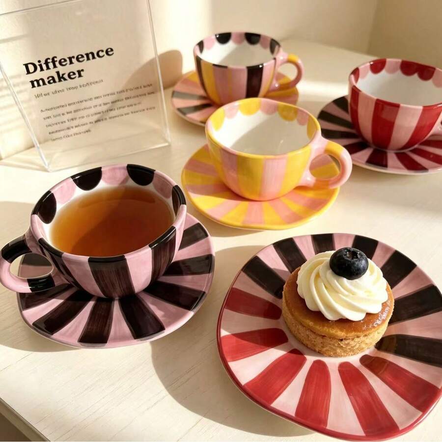 Ceramic Coffee Cup & Saucer Set, Hand-Painted Striped Afternoon Tea Ceramic Coffee Cup & Dessert Plate