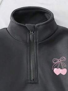 Young Girl Cherry Pattern Stand Collar Long Sleeve Sweatshirt And Pants - Dark Grey - View 3