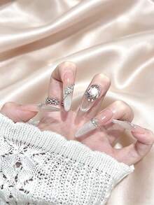 10 buah Kuku Tempel Panjang Lancip Warna Nude Silver Bentuk Mata Kucing dengan Dekorasi Kupu-kupu Rhinestone Besar, Kuku Palsu Elegan yang Dapat Digunakan Kembali untuk Pernikahan dan Kencan - MultiWarna - View 3