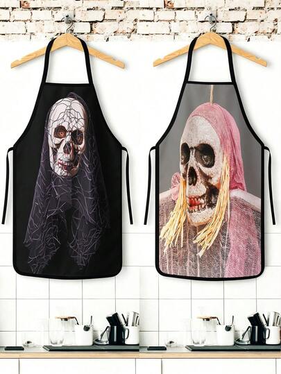 2Pcs Punk Halloween Skull Apron Set, Gas Mask Pilot Goggles King Crown Paisley Tattoo Pattern Skeleton Kitchen Apron, Waterproof Oilproof Cooking Bib With Paint Blood Splatter, Gothic Streetwear Style Halloween Party Costume Gift For Women Men