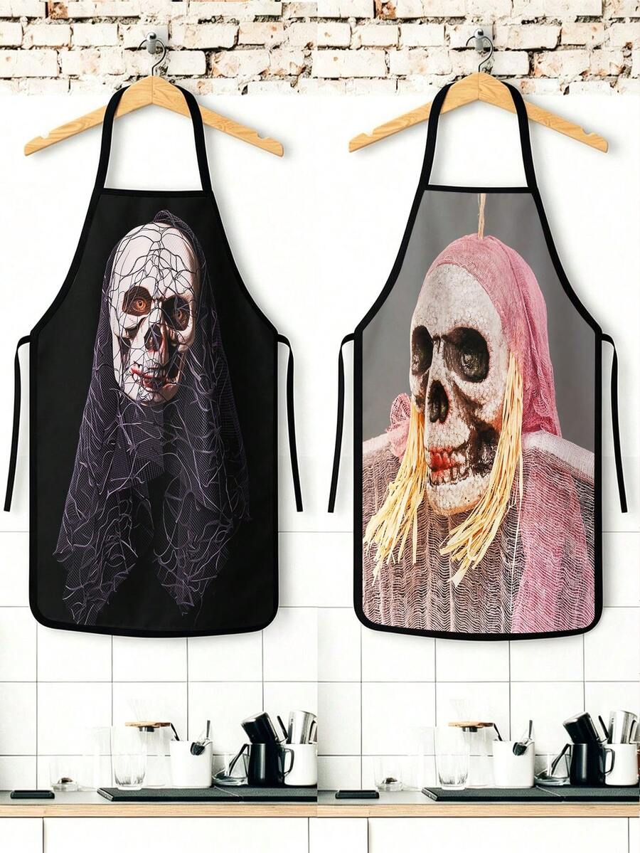 2Pcs Punk Halloween Skull Apron Set, Gas Mask Pilot Goggles King Crown Paisley Tattoo Pattern Skeleton Kitchen Apron, Waterproof Oilproof Cooking Bib With Paint Blood Splatter, Gothic Streetwear Style Halloween Party Costume Gift For Women Men - Multicolor - View 1