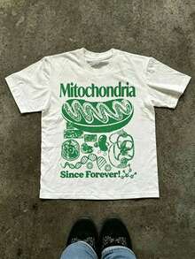 Women's Festival Tee: Mitochondria Graphic & Cell DNA Illustration, Blue Text, White Unisex Science Summer T-Shirt - 白色3 - 查看 1