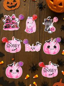 48pcs Pink Halloween Lollipop Cards, Ghost Pumpkin Cat Pattern, Birthday Party Favor Decoration Cards - Halloween Assorted - View 9