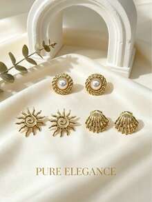 French Ins Style College Girl Gentle Soft Multi-Style Stud Earrings, Glossy Twisted Rope Wreath, Spiral Sun, Scallop, Polished Metal Texture, Daily Luxury Jewelry Comfortable For All-Day School Wear, Accessories Can Be Worn Individually Or Paired With Necklace, Bracelet, Pendant For Affordable Outfit, Suitable For Beach Vacation, Campus Daily, Wedding Banquet, Back To School Season Gift, Wedding Season Gift - Multicolor - View 8