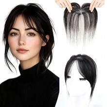 Real Human Hair Forehead Topper Clips In Hair Bangs With Temple Lace Base Hair Frontal Curtain Realistic & Breathable Hair Fringe Hand Knotted Lace Hair Pieces For Women - Multicolor - View 11
