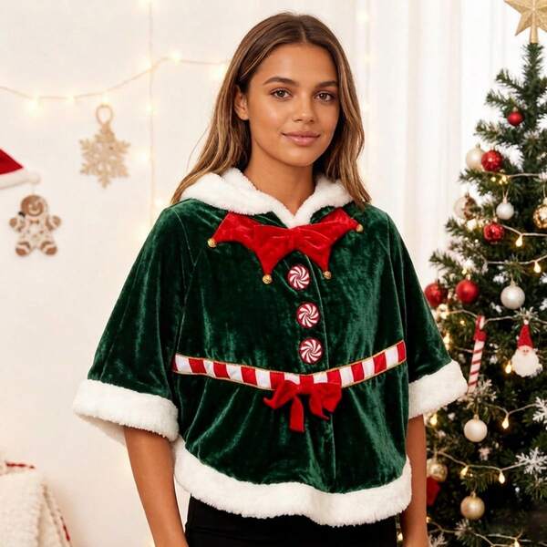 Women Hooded Blanket Poncho Christmas Wearable Sherpa Shawl Wrap