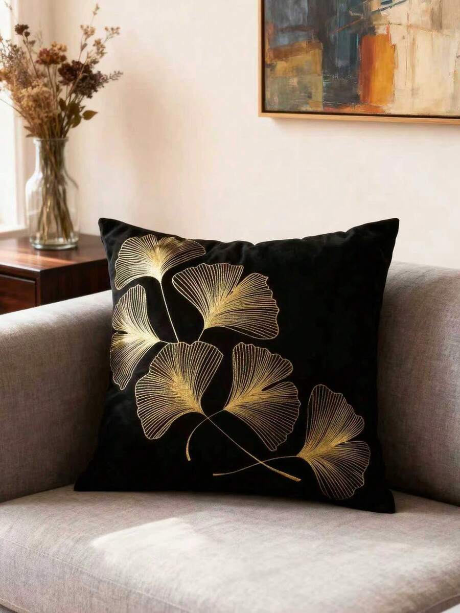 Funda de cojín con estampado de hojas de ginkgo dorado metálico sin relleno - Negro - Ver 1