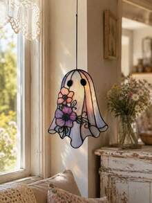 1pc Acrylic Ghost Flower Hanging Decor, Floral Acrylic Pendant Decoration, Window Hanging Ornament, Bohemian Gothic Wall Hanging, Personalized Decorative Accessory, Witchy Room Decor, Pastoral Home Decor, Suitable For Plants And Windows, Halloween Decor, Fall Decor, Room Decor - Multicolor - View 5