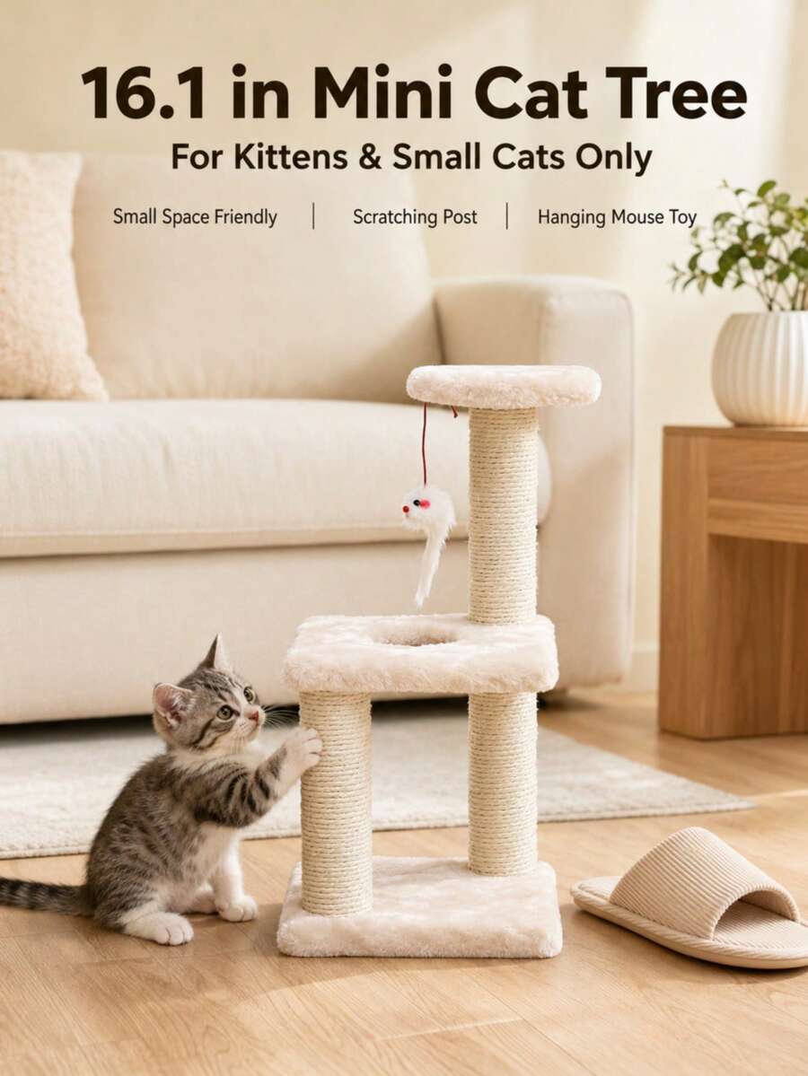 Árbol para gatos mini de 16 pulgadas, adecuado para gatitos y gatos pequeños, torre compacta con poste rascador, plataforma de descanso de felpa y juguete de ratón colgante, color beige - Blanco - Ver 1