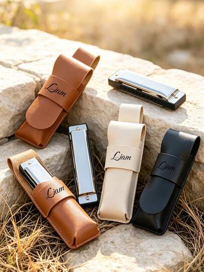 Customizable Personalized Name Text Leather Harmonica Protective Case, Fits Personalized Stainless Steel Harmonica, Fine Leather Material Wear-Resistant And Scratch-Resistant, Snug Fit To Harmonica Body With Cushioning And Anti-Collision, Flip Cover Storage Design Dust-Proof And Moisture-Proof, Portable And Space-Saving