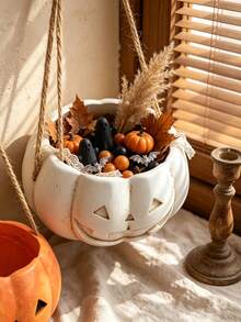 Cesta de almacenamiento colgante de calabaza de Halloween, organizador de pared colgante de calabaza naranja y blanca, estante de adorno mini de estilo campestre vintage, adecuado para decoración del hogar gótica, decoración de otoño, maceta colgante para plantas suculentas y cubo de almacenamiento de decoración de Halloween pequeña - Multicolor - Ver 4