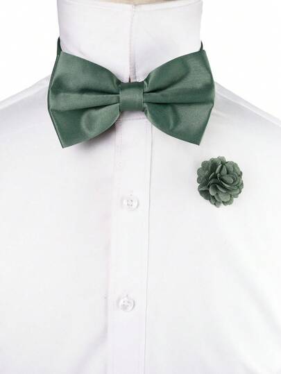 ZONFAZ 2PCS Men's Army Green Bow Tie And Corsage Set, Suitable For Wedding, Party, Gathering Occasions