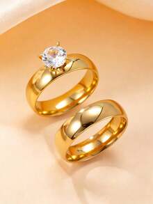 2pcs/Set 4mm Minimalist Zirconia Decorated Stainless Steel Rings, Women - 2pcs - View 15