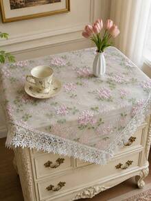 1pc Pink Pattern Embroidered Tablecloth, Lace Trim Decoration, Polyester Fabric, Embroidered Floral Pattern Tablecloth, Rectangular Square Tablecloth, Suitable For Dining Room Living Room Tabletop Decoration - White - View 9
