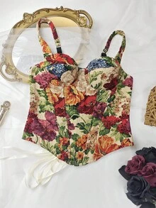 Vintage Floral Print Tapestry Style Corset Top, Romantic Date Night Casual Vacation Essential - Multicolor - View 2