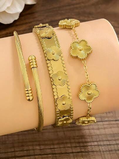 3/1 Pc 18K Gold Plated 304 Stainless Steel Women's Jewelry Clover Bracelet & Necklace Set, Minimalist Clover Women's Jewelry Set, Layered Jewelry Set For Women, Suitable For Daily/Summer/Beach/Back To School/Wear