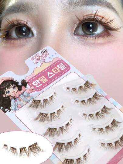 5 Pairs Brown Fox-Style Diagonal V-Shaped Invisible Stem Eyelashes, Korean Caramel Color, Natural Sweet Fox Eye Look, Elongated Eye Tail, Soft C-Curl, Natural Daily Travel False Eyelashes