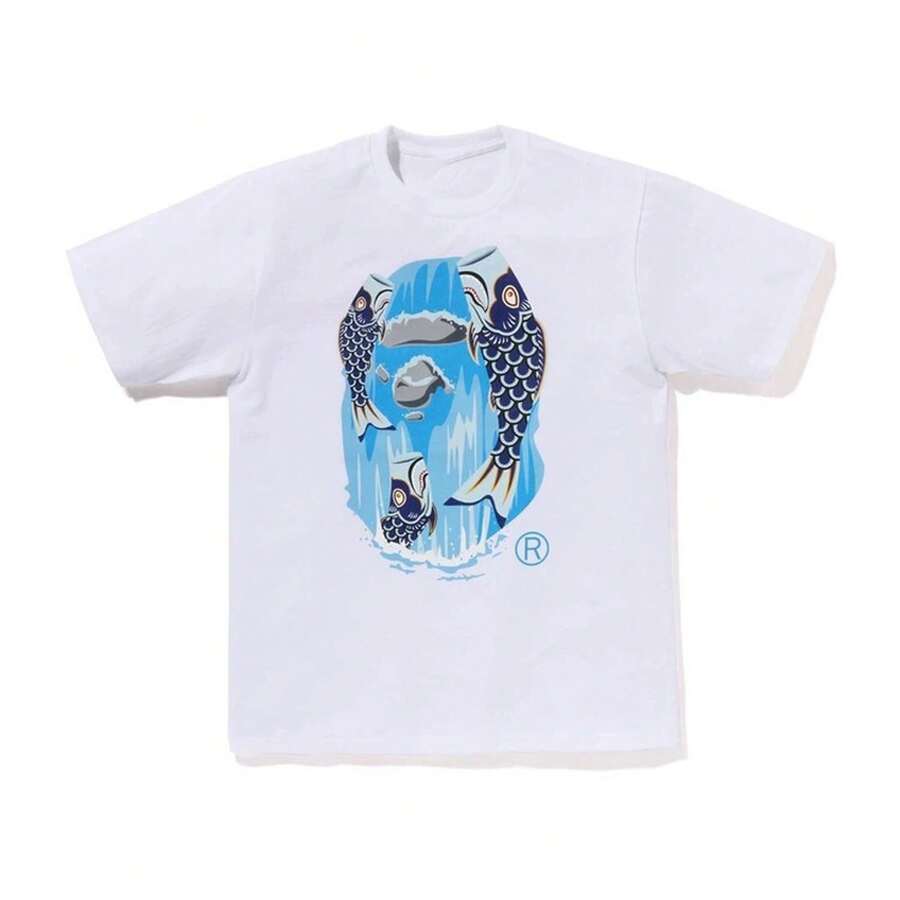Unisex Oversized Round-Neck Short-Sleeve Shirt With Ukiyo-E Koi Fish, Waterfall, And Rock Mountain Pattern T Shirt - 白色 - 查看 1