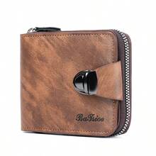 BATSIOE Vintage Men's Short Wallet With Lock, Multiple Card Slots, Mirror Window, Zipper Coin Pocket, Multifunctional Leather Wallet - Multicolor - View 5