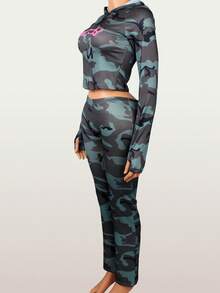 Women's Pink Leopard Print Autumn 2 Pieces Birthday Outfit, Cropped Long Sleeve Top With Flare Pants - Green - View 5