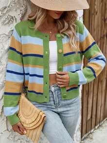 Cardigan Kancing Depan Bergaris Warna-warni Bergaya Prancis yang Elegan dan Intelektual untuk Wanita, Cocok untuk Pemakaian Sehari-hari, Kencan, dan Lainnya. - MultiWarna - View 7