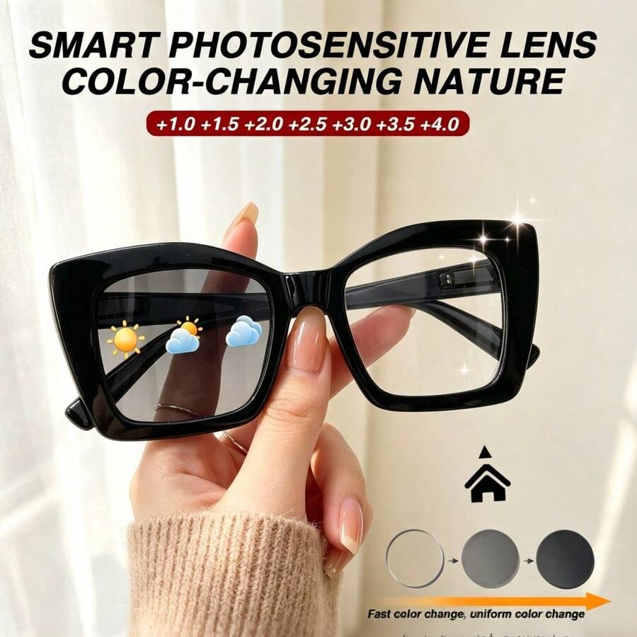 1pc Classic Square Photochromic Reading Glasses, Fashionable Light-Adjusting Function, Large Frame With Flexible Temples For Comfortable Fit, Convenient For Reading And Daily Indoor/Outdoor Use - Black - View 1