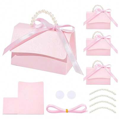 2/5pcs Pink & White Embossed Pearl Handbag Candy Box Wedding Favor Gift Box With Bow Ribbon For Bridal Party Dessert Packaging
