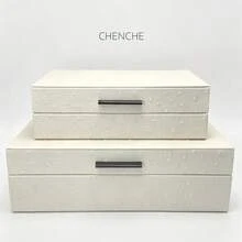 1 Set Of 2 Small & Large Ostrich Textured PU Leather Jewelry Boxes With Metal Handle, Luxury Burgundy Rectangular Lidded Accessory Organizer Storage Box For Bedroom Vanity Home Decor Gift - White - View 12