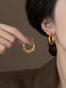 1 par de pendientes de aro y brazaletes para oreja dorados, estilo vintage, de moda, únicos, de nicho, exagerados, versátiles, elegantes, geométricos y multicapa, joyería para oreja, adecuados para chicas adolescentes, uso diario, vacaciones y fiestas - círculos geométricos - Ver 4