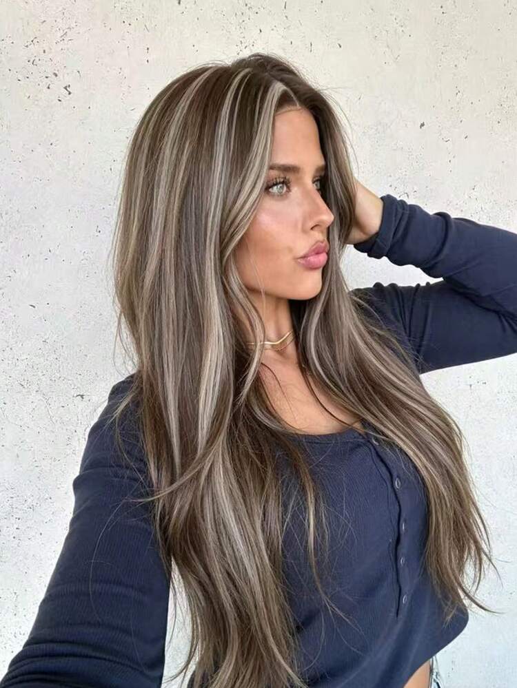 22 Inch Brown With Grey Highlights (Black With Gold Highlights) Long Straight Hair Wig, Middle Part Machine-Made Wig, Heat-Resistant Fiber Material, Daily European And American Style Fashion Wig, Stage Performance Wig - Multicolor - View 3