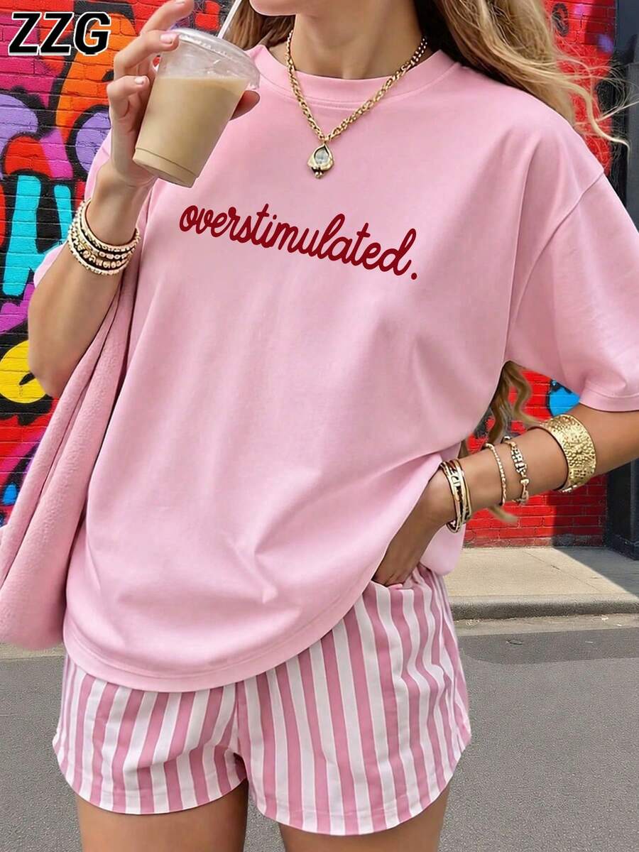 ZZG 夏季女款「Overstimulated.」字母圖案印花街頭通勤 Y2K 風格粉色圓領短袖 T-shirt 上衣 - 粉色 - 查看 1