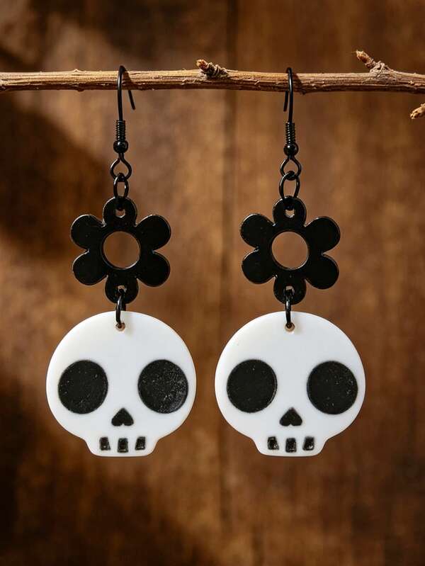 1 Pair Gothic Hollow Flower Skull Acrylic Earrings, Halloween Theme Cute & Quirky Party Outfit Accessories