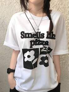 Women Black Loose Crew Neck Y2K Short Sleeve  Letter Print Versatile Summer Tee Fast Local Delivery - 白色 - 查看 10