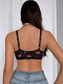 Women's Lace Patchwork Butterfly Print Front Closure Underwire Bra - Black - View 2