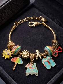 Summer Sun Rainbow Charm Bracelet For Women, Golden Beaded Bracelet With Flip Flops Umbrella Pendant, Cute Vacation Jewelry Gift - Multicolor - View 2