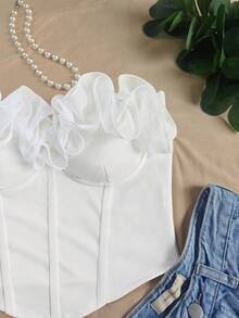 White Organza Ruffle Strapless Corset Top, Autumn Campus Style - White - View 3